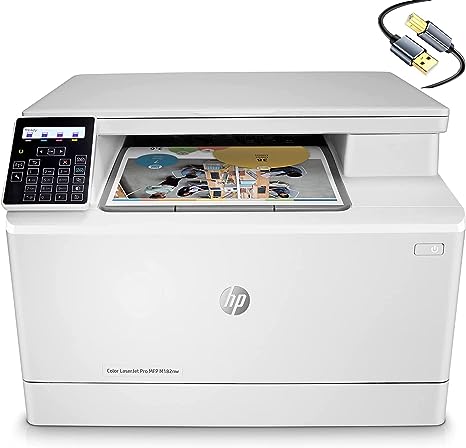 HP Color Laserjet Pro MFP M182nw All-in-One Wireless Laser Printer, White - Print Scan Copy - 17 ppm, 600 x 600 dpi, 8.5 x 14, 2-Line LCD with Numeric Keypad Display, Ethernet, Cbmou Printer Cable