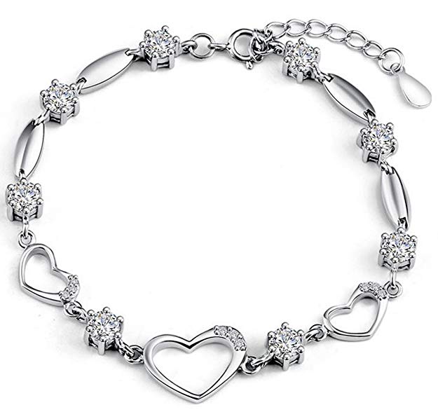 Sterling Silver Bracelet Women Heart Hand Chain Authentic Crystal Link Bracelets