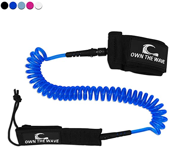 Own the Wave Premium SUP Leash 10' Coiled - Double Stainless Steel Swivels and Triple Rail Saver - Choose Color and with or Without Waterproof Wallet