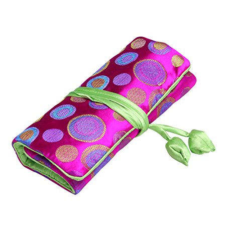 ALASKA BEAR- Travel Jewelry Case Polka Dot Roll with Silk Embroidery Brocade Tie Close Handbags(Rose, Standard-size)