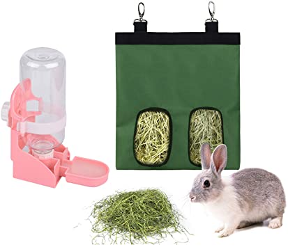 kathson Bunny Hay Feeder Bag, Small Animal Hanging Feeder Sack Hay Bag Holder with Rabbit Water Bottle Automatic Dispenser Water Feeder for Guinea Pig Hamster Chinchilla Hedgehog(2PCS)