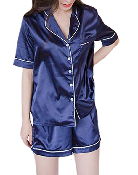Fulok Women's Button Up Short Sleeve Satin Shorts Homewear Pj Set
