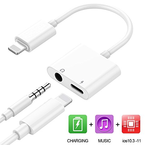 2 in 1 Lightning iPhone 7 8 X Adapter,Vooran 3.5 mm Lightning Headphone Audio & Charge Adapter, AUX Lightning Adapter Splitter Cable,Support iOS10.3/iOS1 (White-2)