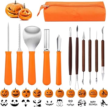 Professional Pumpkin Carving Kit, Ohuhu 21 Pcs Pumpkin Carving Tools Set, Heavy Duty Stainless Steel Sculpting Tools with Carrying Bag and Carving Templates for Halloween Jack-O-Lanterns