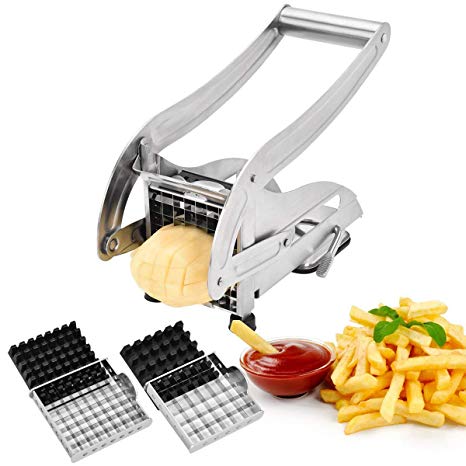 French Fry Cutter, CUGLB Food-grade Stainless Steel Fry Cutter with 3/8" and 1/2" Blades Non-Slip Potato Cutter for French Fries
