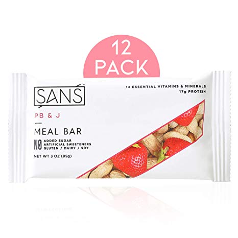 SANS PB&J Meal Bars | All-Natural Ingredients & No Added Sugar | Dairy-Free, Soy-Free, & Gluten-Free | 14 Essential Vitamins & Minerals | (12 Pack)