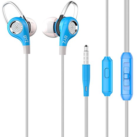 BYZ In ear Headphones wired earphones Bass Stereo Sports Earbuds Noise cancelling Headsets with Microphone Button Control Volume control For iPhone iPad iPod Android Smartphones Mp3 Player Etc (Blue)