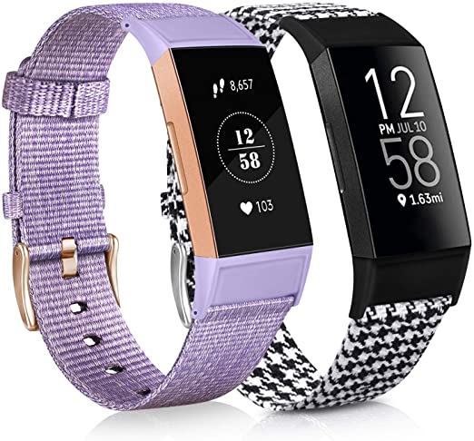 [2 Pack] Woven Fabric Bands Compatible with Fitbit Charge 4, Fitbit Charge 3 / Charge 3 SE for Women Men, Lavender & Black/White Plaid