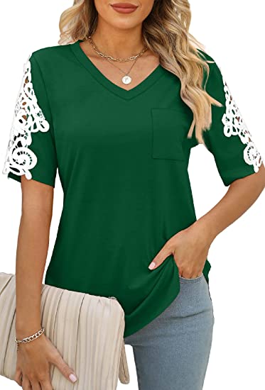 Sieanear Womens Tops and Blouses Lace Short Sleeve Shirts Dressy Casual Tshirts