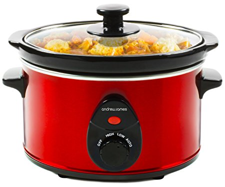 Andrew James 1.5 Litre Premium Red Slow Cooker with Tempered Glass Lid, Removable Ceramic Inner Bowl and Three Temperature Settings