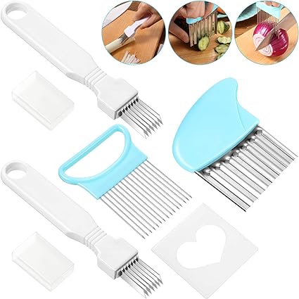 4 Pieces Kitchen Shred Silk Knife Stainless Steel Scallion Cutter Vegetable Garlic Cutter Kitchen Wavy Cutter Chopper and Onion Holder Slicer for Kitchen Cooking Tools