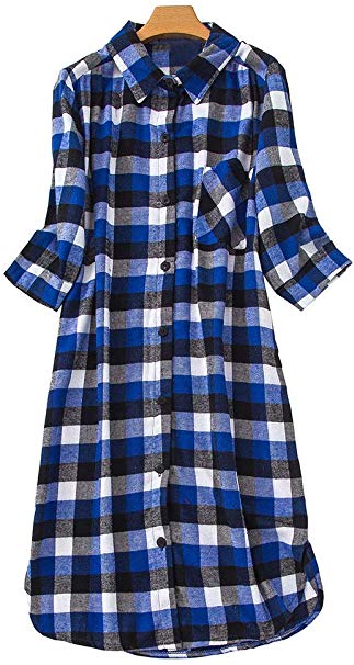 CHUNG Women Cotton Flannel Knee-Length Nightgowns 3/4 Sleeve Plaid Sleep Dress Night Shirt(S-5X)