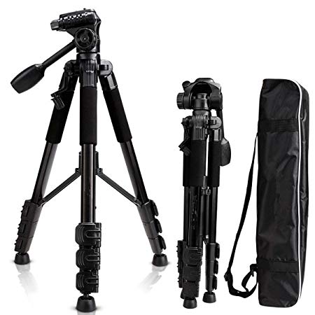 Camera Tripod 57", Professional 1/4 Aluminum Camera Tripod Stand, Travel Camera Tripod for DSLR Camcorder Canon Sony Nikon Olympus with Carry Bag -8.8 lbs(4kg) Load (Black)