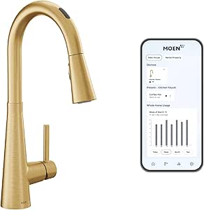 Moen 7864EVBG Sleek Smart Faucet Touchless Pull Down Sprayer Kitchen Faucet with Voice Control and Power Boost, Brushed Gold