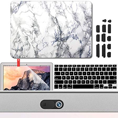 GMYLE MacBook Air 13 Inch Case A1466 A1369 2010 2017, Privacy Webcam Cover, Anti Dust Plugs, Keyboard Cover, Screen Protector 5 in 1 (White Marble