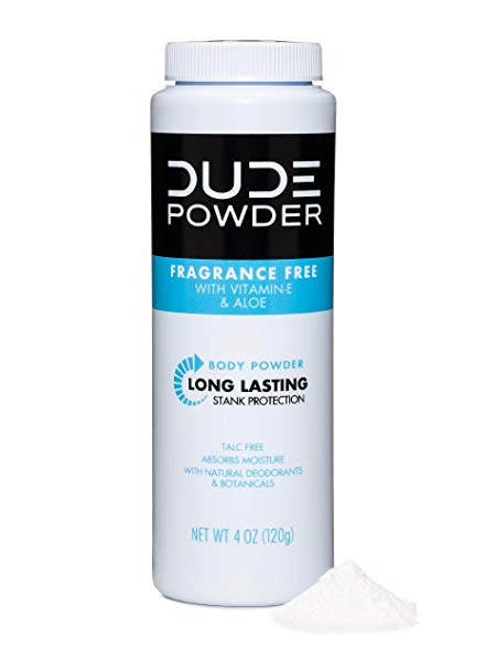 DUDE Body Powder, Fragrance-Free 4 Ounce Bottle Natural Deodorizers With Chamomile & Aloe, Talc-Free Formula, Corn-Starch Based Daily Post-Shower Deodorizing Powder for Men