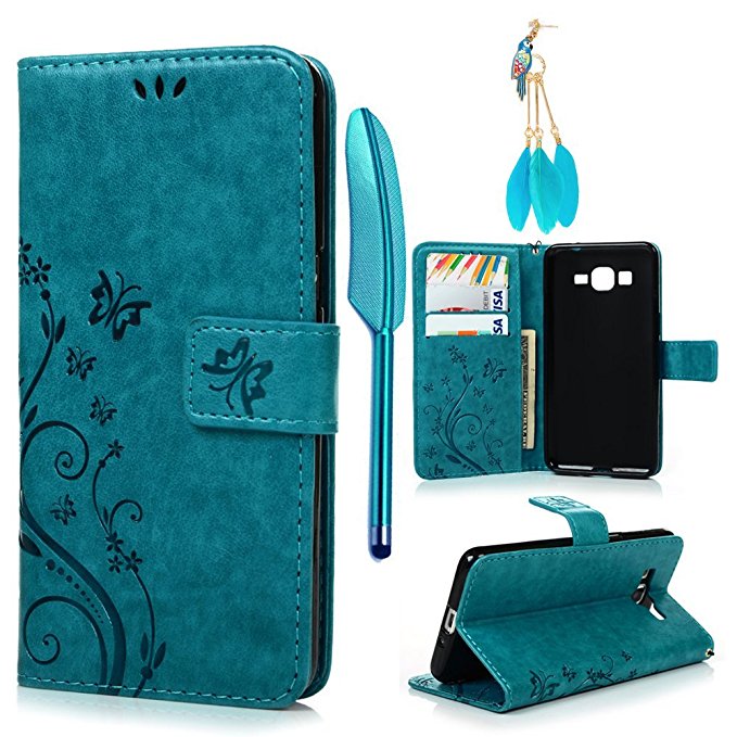 Galaxy Grand Prime G5308/G530H Case-MOLLYCOOCLE Stand Wallet ID Holders Emboss Vintage Flower Design Flip Folio TPU Soft Bumper PU Leather Skin Cover for Samsung Galaxy Grand Prime G5308/G530H -Blue