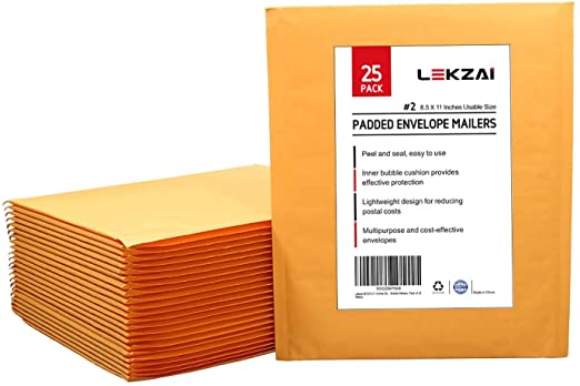 Lekzai #2 8.5 x11 Inches Self Seal Padded Envelopes Kraft Bubble Mailers, Pack of 25