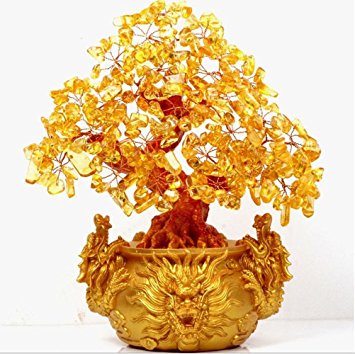 2500 Silk Art 7.48 inch Feng Shui Yin Yang I Ching Yellow Crystal Money Tree Double Dragon for Wealth Luck Office Living Room Good Luck Decoration TR-005