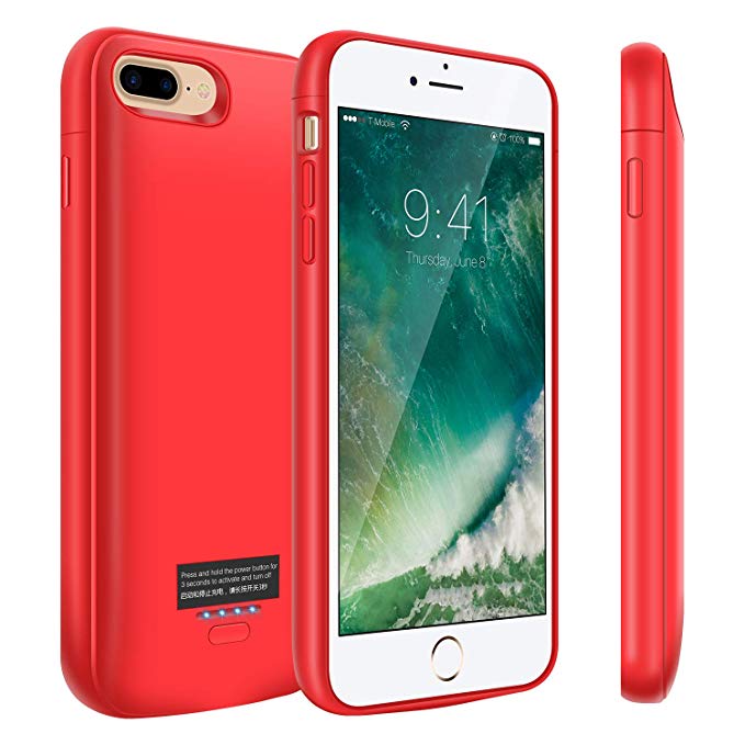 Battery Case for iPhone 8 Plus/7 Plus, Kunter 5500mAh Portable Charger Case, Rechargeable Extended Battery Charging Case for iPhone 8 Plus/7 Plus(5.5 inch), Compatible with Wire Headphones-Red