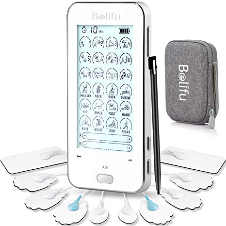 Touch Screen Tens Unit with Carry Case Enabling Select Different Modes & Intensity for A/B Channel, Upgraded 24 Modes for Pain Relief Mini Massager Muscle Stimulator with Fastening Cable Ties/10 Pads