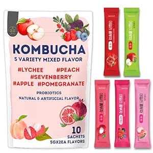 Garden Kombucha Tea, Powder 5g x 10 Sachets (50g/3.52oz) Probiotics, Prebiotics, Sugar Free, Diet Tea, Healthy Drink (5 Variety Flavor)