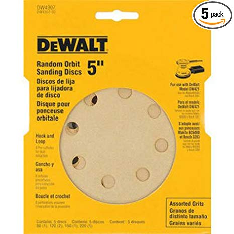 DEWALT DW4307 5-Inch 8 Hole Assortment Hook and Loop Random Orbit Sandpaper (5-Pack)