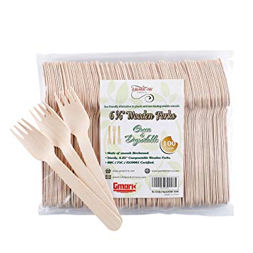 Disposable Wooden Forks 100pc Set by Gmark - Eco-Friendly Biodegradable Utensils - Natural Birchwood Forks for Parties, Events, BBQ, Weddings, Picnics GM1044