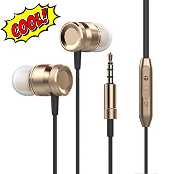Lingoboi New Fashion Earphones Deep Bass Surrounded Sound Headphones Wired Metal In-Ear Earbuds Headphones with Mic Noise Isolating Earbuds - Lightweight, Alluminum Alloy3 Pair EarBuds (S/M/L) (Gold)