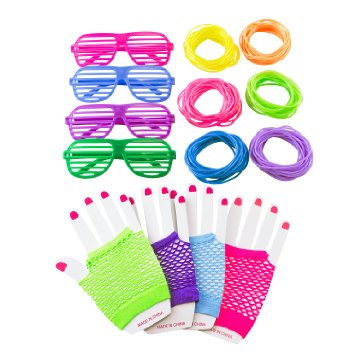 80s Retro Rock Pop Star Disco Dress-Up Party Pack Supply Set with Diva Finger-less Net Gloves, Shutter Style Glasses, Jelly Neon Gel Bracelets for Theme Events, Colorful Assortment by Super Z Outlet®