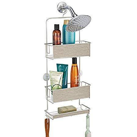 mDesign Practical Shower Caddy - Easy to Hang Shower Stand without Drilling - Shower Basket with Shelves and Hooks for Shampoo, Conditioner, Soap and More - Matte Silver/Grey Wood Finish