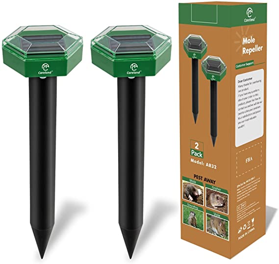 Careland Solar Sonic Mole Groundhog Repellent Stakes Ultrasonic Gopher Repeller Vole Deterrent Spikes Outdoor Pest Control Devices for Lawn and Garden Waterproof (2 Pack)