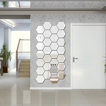 Amaonm® (Pack of 12) Side 6.2cm 3d Silver PVC Mirror Acrylic Geometric Hexagon Wall Bedroom Tv Wall Background Sticker Living Room Decor Art DIY