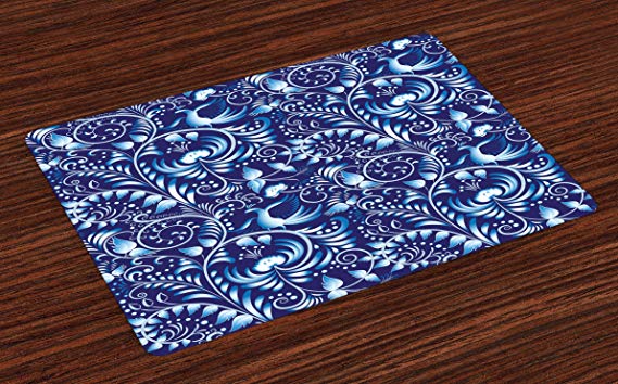 Ambesonne Navy Place Mats Set of 4, Folk Chinese Design Inspired Floral Swirls Classic Ethnic Image, Washable Fabric Placemats for Dining Room Kitchen Table Decor, Royal and Sky Blue