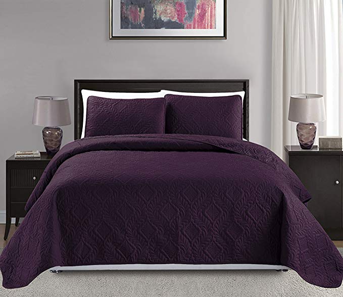 Mk Collection Full/Queen Size over size 100"x106" 3 pc Diamond Bedspread Bed-cover Embossed solid dark Purple New