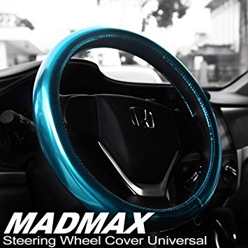 Madmax Steering Wheel Cover, Universal 14.5 Inches PU Leather Wheel Cover, Glossy Finish, Soft Padding, Durable, Odorless, Synthetic Leather, Comfort Grip Handle … (Blue)