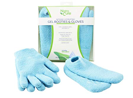 NatraCure Moisturizing Gel Booties and Gloves Set - (For dry skin, dry hands and feet, cracked heels, cuticles) - Color: Aqua (Gloves & Socks, Aqua)