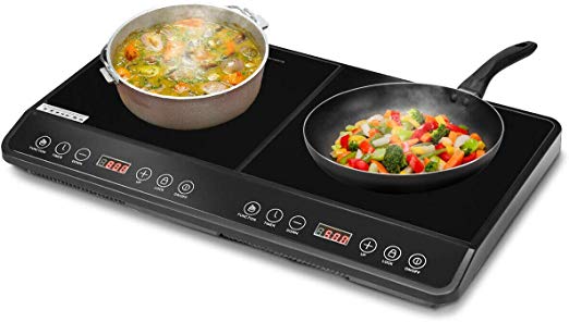 COSTWAY 1800W Double Countertop Burner, Digital Induction Cooker with Two Separate Heating Zones, Timer, 8 Temperature and Power Levels, Kids Safety Lock, Touch Sensor Control, Suitable for Iron, Stainless Steel Cookware, Black