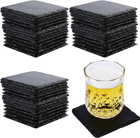 60packs Bulk Slate Coasters, Anti-Slip Drink Coasters, Engraving Available, Bulk Square Coasters for Drinks, Black Stone 4 x 4 Inch Square