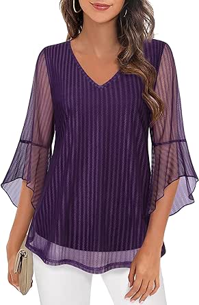 Lotusmile Women's Fancy Blouses Double Layers Mesh Dressy Tops 3/4 Ruffle Bell Sleeve Shirts