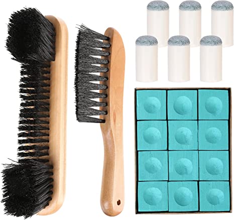 mwellewm 4 Set Billiards Pool Table and Rail Brush Including 12 Pieces Pool Cue Chalk Cubes and 6 Slip-on Pool Cue Tip Replacements Snooker Table Wooden Cleaning Brush Kit Accessories