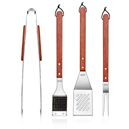 New Star Foodservice 59007 Stainless Steel Barbecue Tool Set with Solid Hard Wood Handles, Set of 4