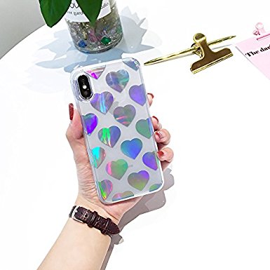 iPhone X Case for Girls, Glitter Sparkle Bling Cute Shell Phone Case with Laser Love-hearts Pattern [Flexible Soft, Slim Fit, Clear, Full Protective Cover] for iPhone X 5.8 Inch (Transparent)