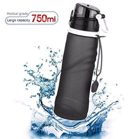 OUTERDO Collapsible Silicone Water Bottle, BPA Free, FDA-approved Reusable Leak Proof Roll Up Cup Foldable Sports Cup for Running, Camping, Hiking, Traveling, Yoga, Gym and Outdoor Activities 26OZ