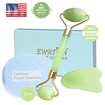 Jade Roller Anti-Aging Massage for Eye and Neck Jade Face Roller with Gua SHA Scraping Massage Tool Set Natural Jade Roller for Face Double Chin Exerciser