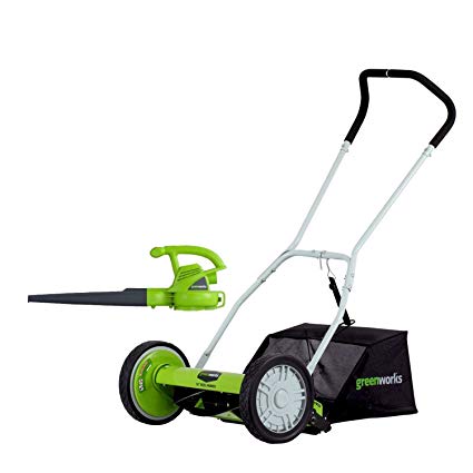 GreenWorks 16-Inch Reel Lawn Mower with Grass Catcher 25052  7 AMP Blower 24012 (Renewed)