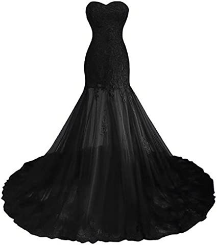Gothic Vintage Mermaid Prom Dress Long Beaded Lace Black Wedding Dress for Women with Train Black 2