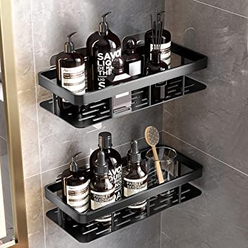 Shower Caddy Shelf, Shower Organizer 2 Pack, No Drilling Adhesive Wall Mounted Shower Basket Caddy Rack Bathroom Storage Shampoo Holder Organizer, Kitchen Shelf Rack, Black