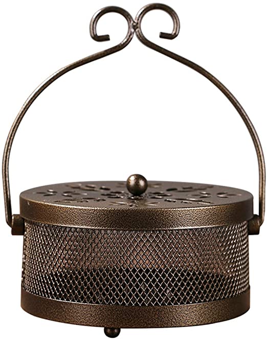 Grandma's Story Mosquito Coil Holder, Retro Portable Fireproof Mosquito Sandalwood Incense Coil Burner with Lid (Bronze)