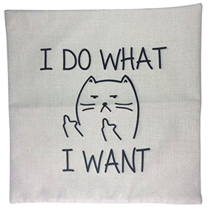 LeiOh Decorative Cotton Linen Square Unique I DO WHAT I WANT Cat Pattern Throw Pillow Case Cushion Cover 18 x 18 Inches